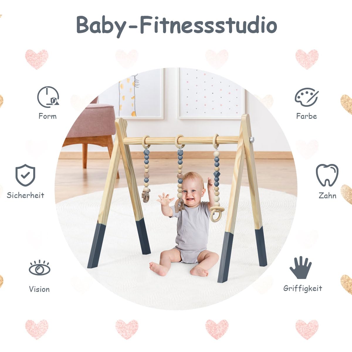DREAMADE Spieltrapez aus Holz, Motorikspielzeug für Babys, Spielbogen mit 3 Spielzeugringe & 2 Kleinen Tiermodellen, Aktivitätszentrum mit Dreieckigen Struktur, für Kinderzimmer (Grau)
