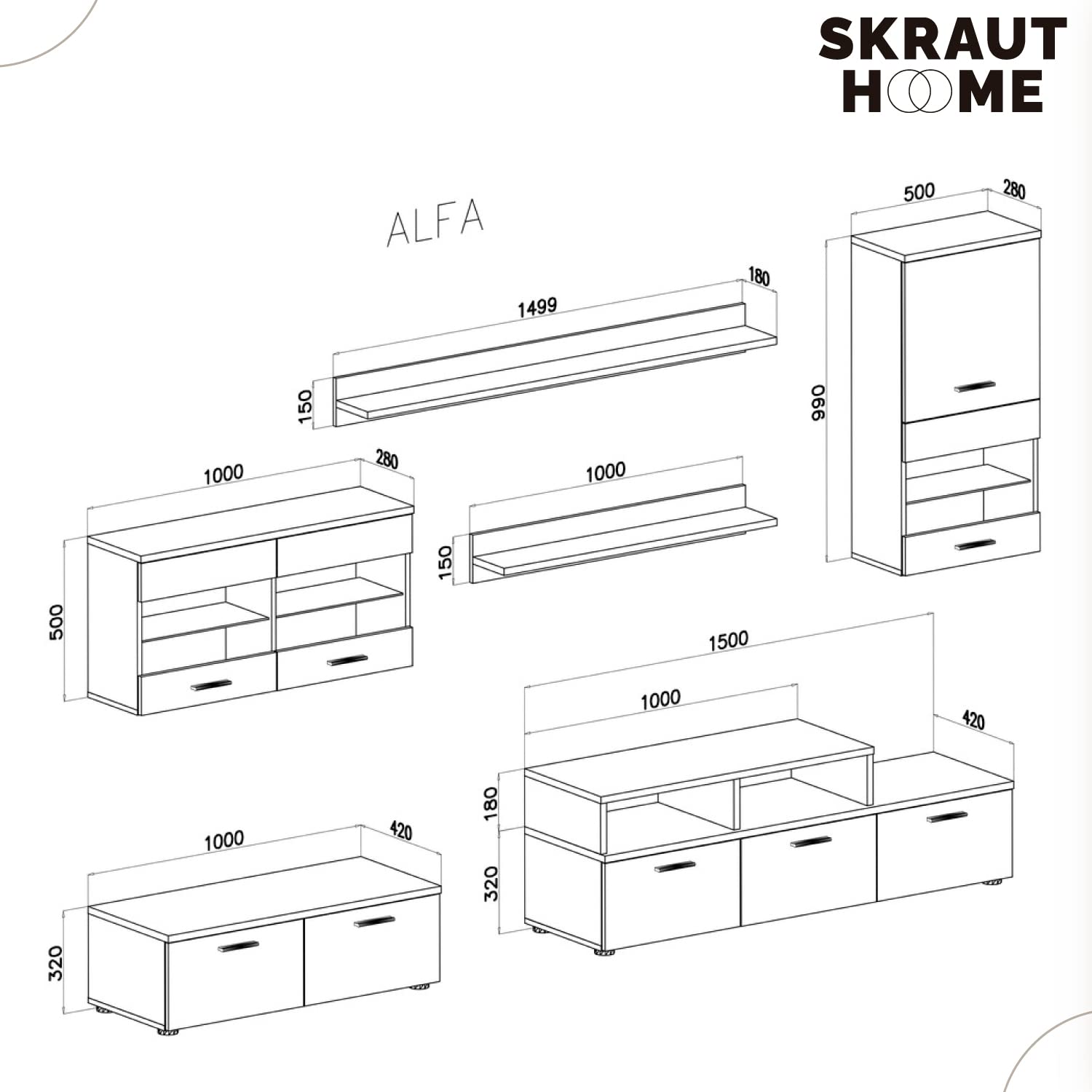 Skraut Home Meuble Salon Moderne Mat Brillant laqué | Dimensions : 250 x 194 x 42 cm de Profondeur, Bois contreplaqué, Finition Blanc/Noir, 194 x 250 x 42 cm