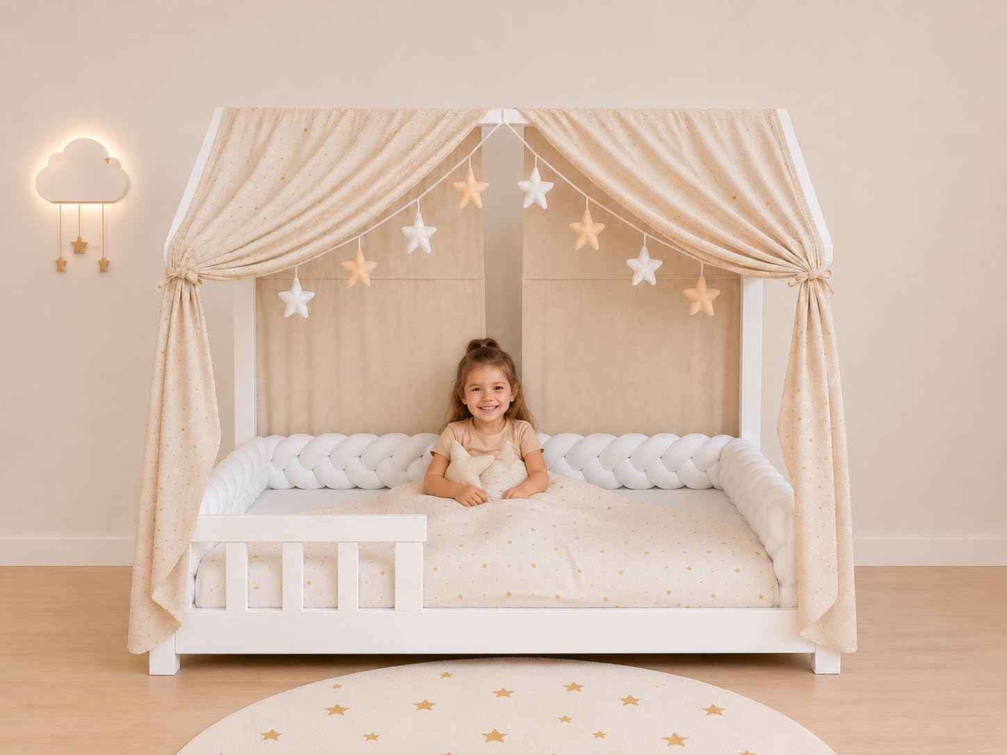 YellowNest Hausbett Himmel (2er Pack) - 100% Baumwolle - Betthimmel Hausbett aus Musselin (2er Pack) - Himmelbett Vorhänge für Bett 70x140 cm (Beige Wimpelkette Stern, 62 x 270 (2er-Set))