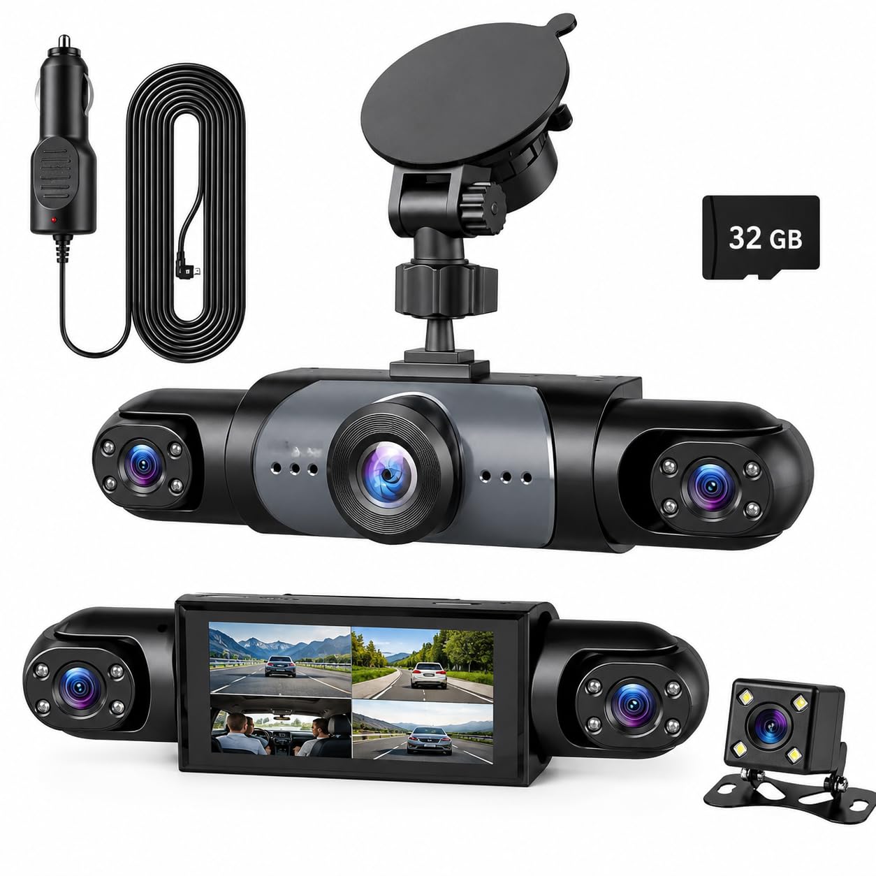 Dash CAM 4 Canales para Coche, Cámara de Salpicadero 360° FHD 1080P con WiFi y Pantalla 3,16", Visión Nocturna IR, Grabación en Bucle, Sensor G, Modo Parking, Tarjeta SD 32GB