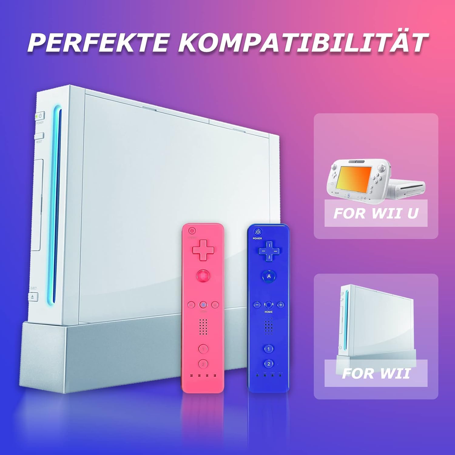 AUFGLO Pack de 2 manettes Wii - Télécommande Wii avec étui en silicone et dragonne (rose+bleu)
