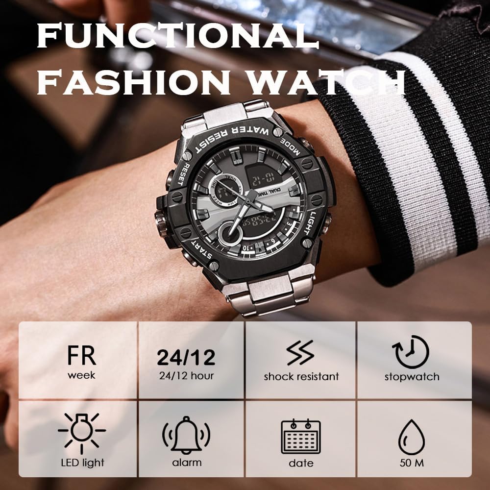 findtime Montre de sport militaire pour homme - Montre numérique étanche - Bracelet en acier inoxydable - Montre robuste avec rétroéclairage LED - Alarme et chronomètre