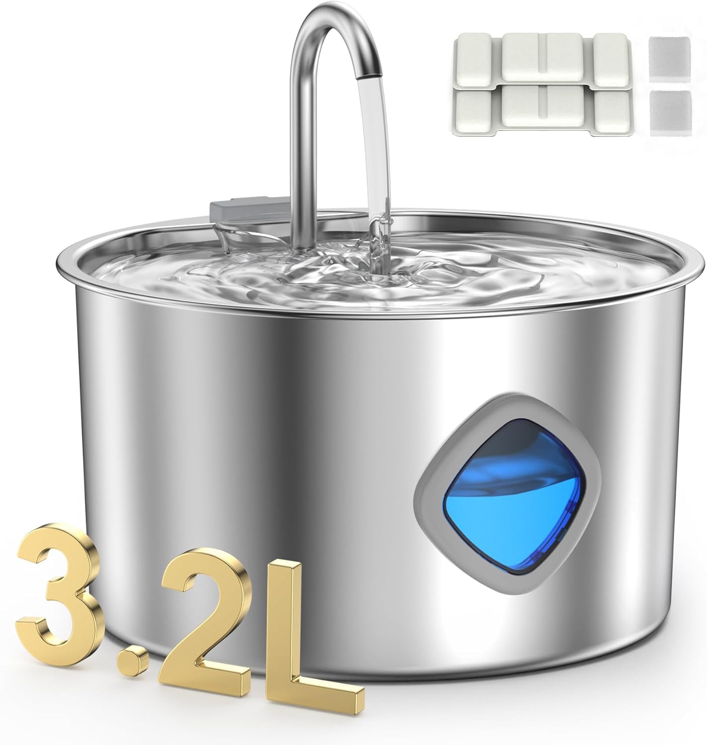 Stainless Steel Cat Water Fountain, 3.2L/108oz Faucet-Style Pet Fountain, Ultra-Quiet with 4-Stage Filter, Easy-Clean Detachable Tank Automatic Cat Dispenser (2 Filters & 2 Sponges)