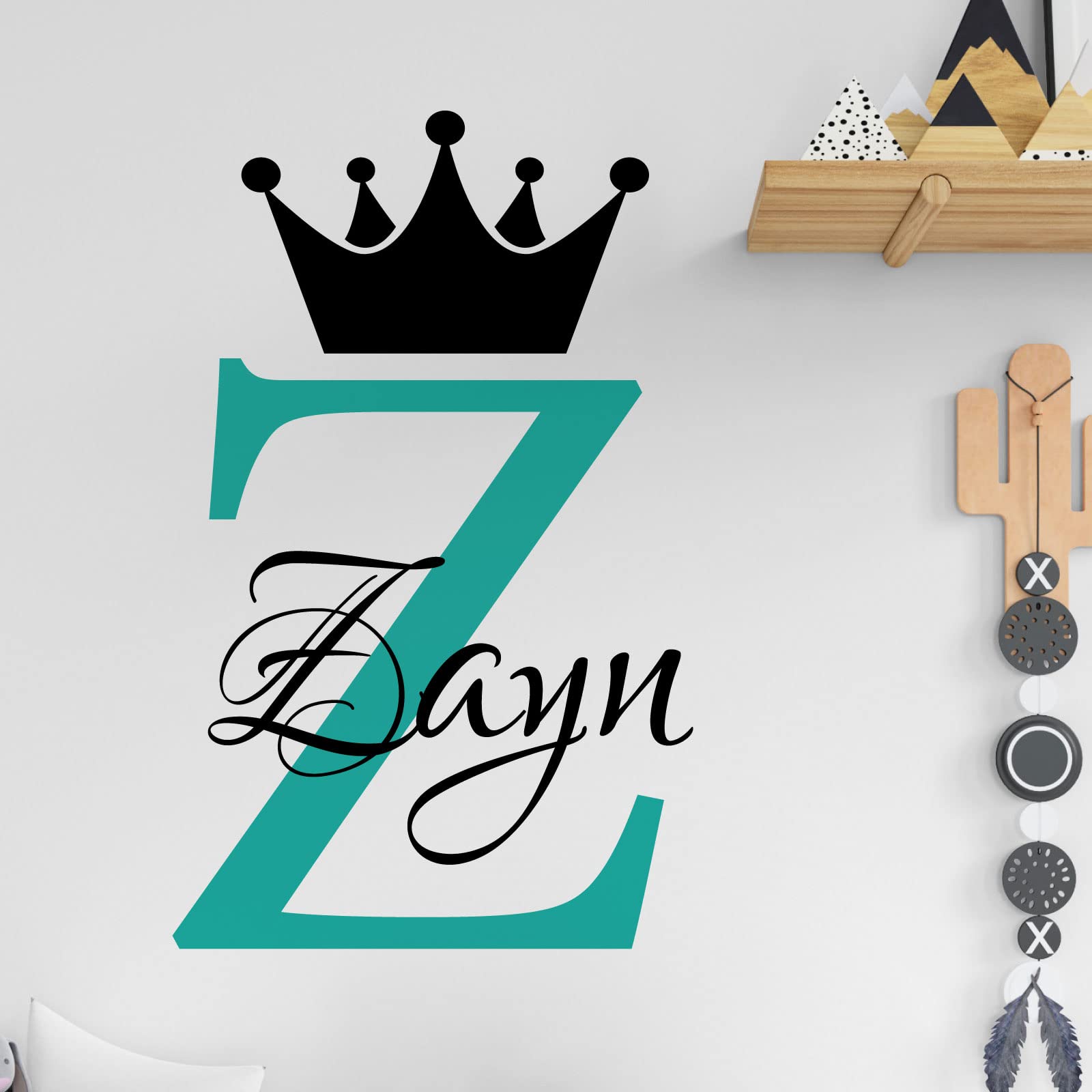 Personalised Name Baby Prince Princess Decal Wall Sticker - Initial Letter Crown [Large] [Turquoise]