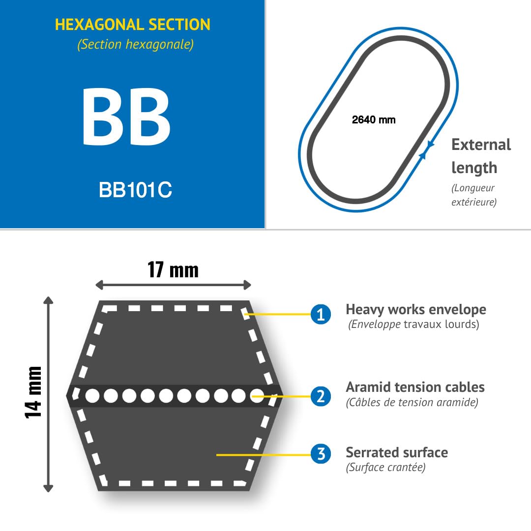 CMW - Cinghia trapezoidale esagonale - Sezione BB (17 x 14 mm) - BB101 - Lunghezza interna 2565 mm