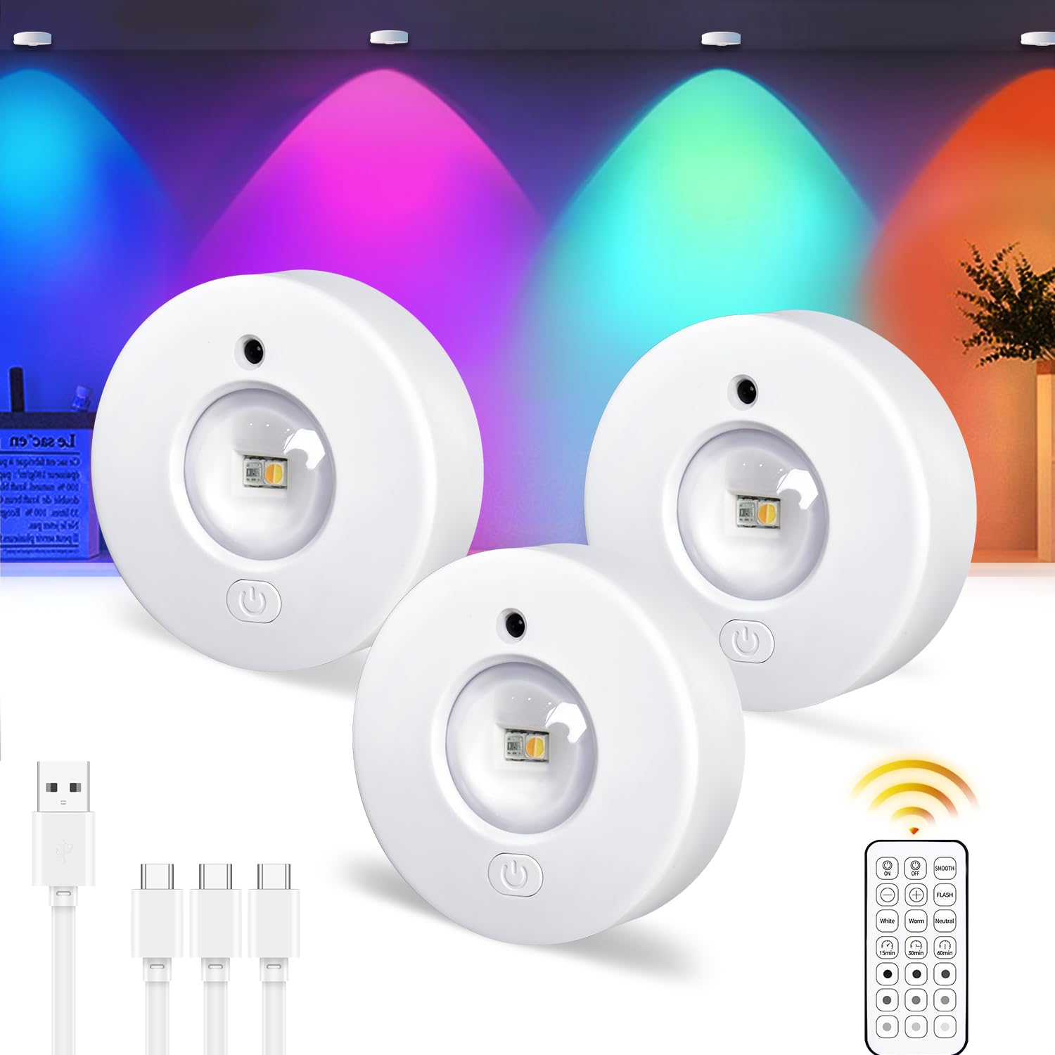 Under Cabinet Kitchen Lights Rechargeable Wireless Puck Lights with Remote, RGB Color Changing Battery Operated LED Dimmable Push Lights Round Stick on Wall Display Shelf Cupboard with Timer 3 Pack