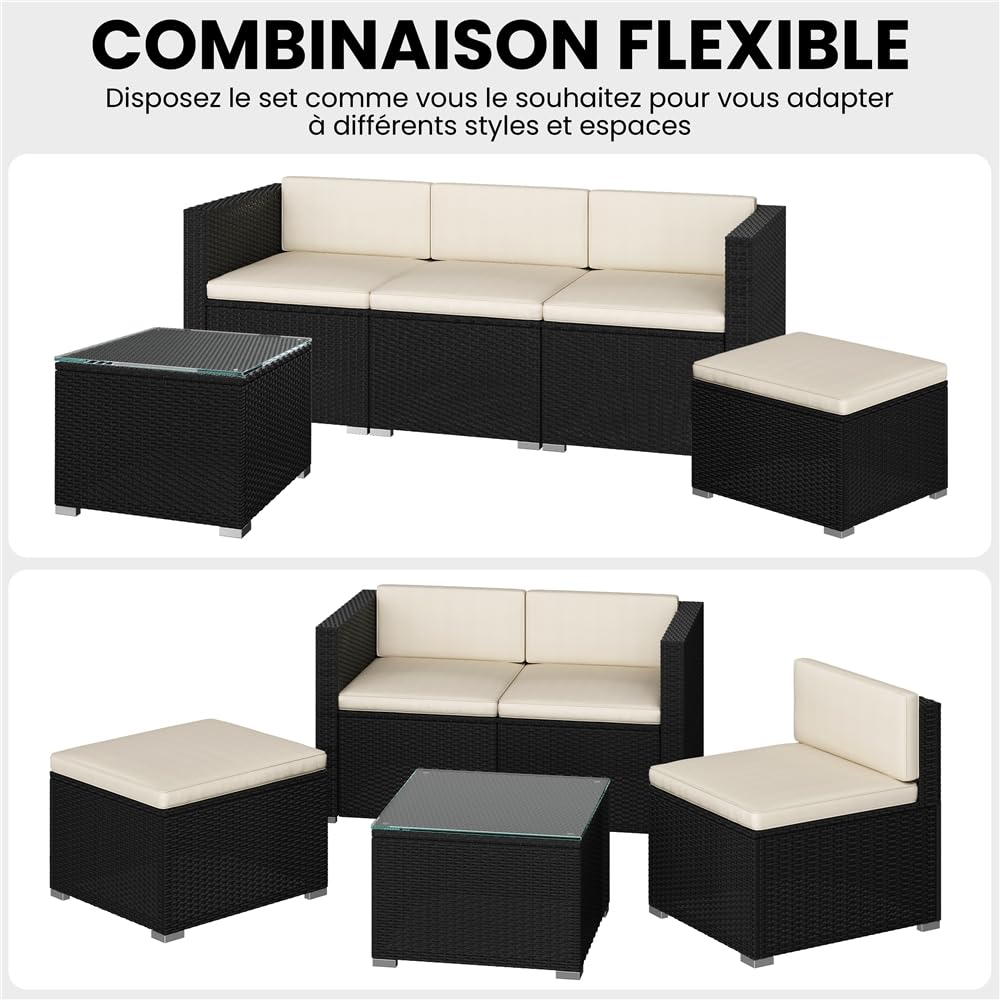 Yaheetech Salon de Jardin Exterieur 4 Personnes en Polyrotin Ensemble Mobilier de Jardin 5 Pièces avec 3 Canapé Modulables 1 Table Basse 1 Ottomane pour Balcon Bistro Patio Terrasse Noir/Beige