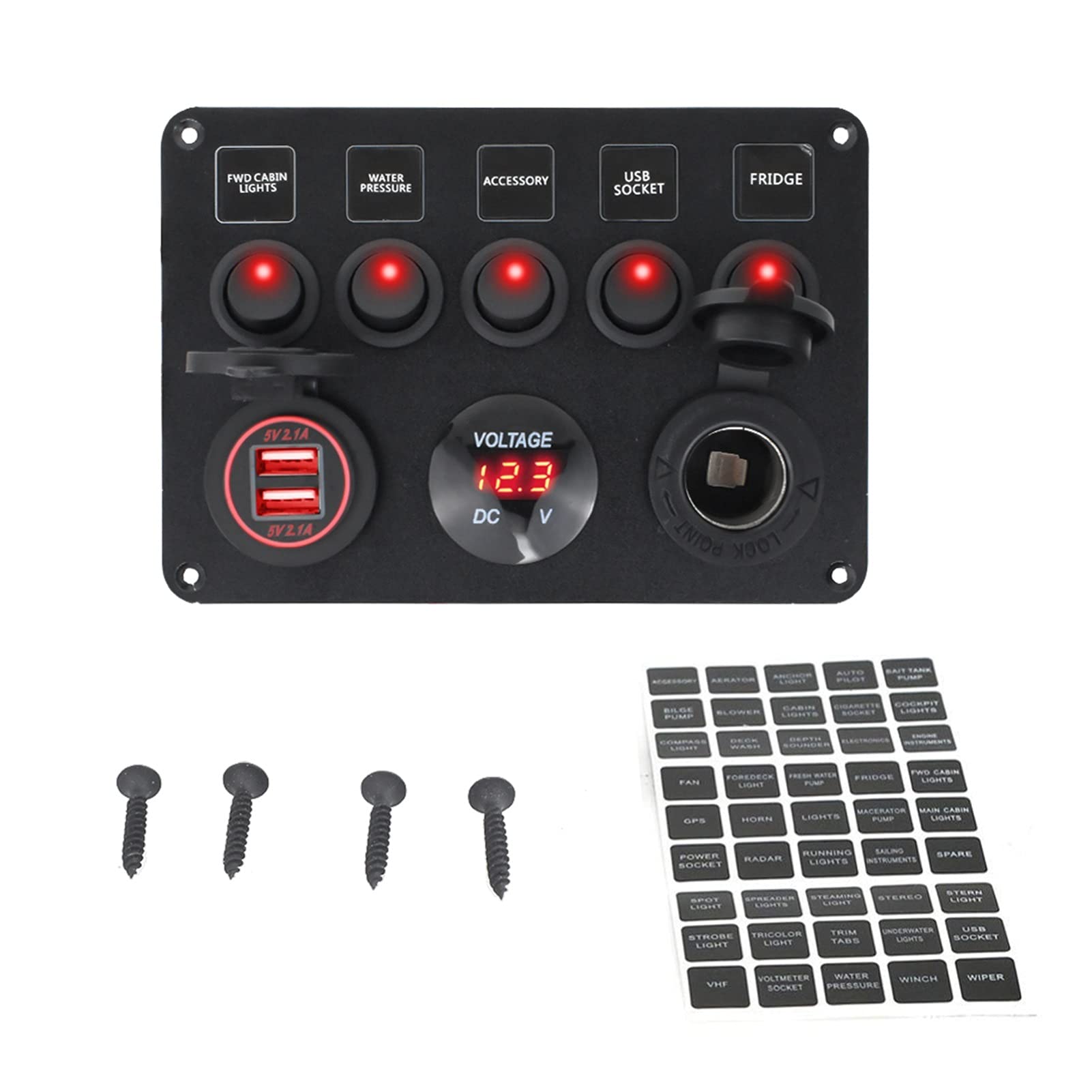 INEOUT Barca marina for auto da 5 Gang 12V GUIDATO Voltmetro digitale del circuito impermeabile del pannello dell'interruttore del rocker Dual USB Adattatori for caricabatterie da auto portuali (Colo