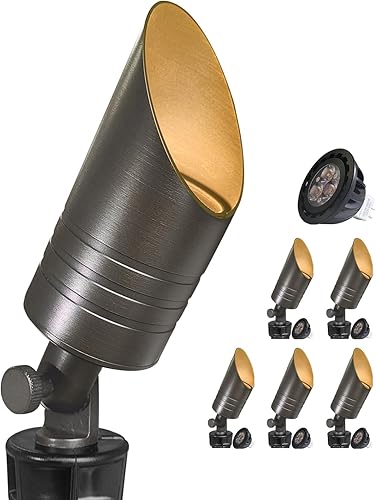 Vista 13 de MALORY Paquete de 6 focos de paisaje de latón con kit de bombillas MR16 (S04), bajo voltaje de 12 V CA/CC, luces de patio exteriores ajustables