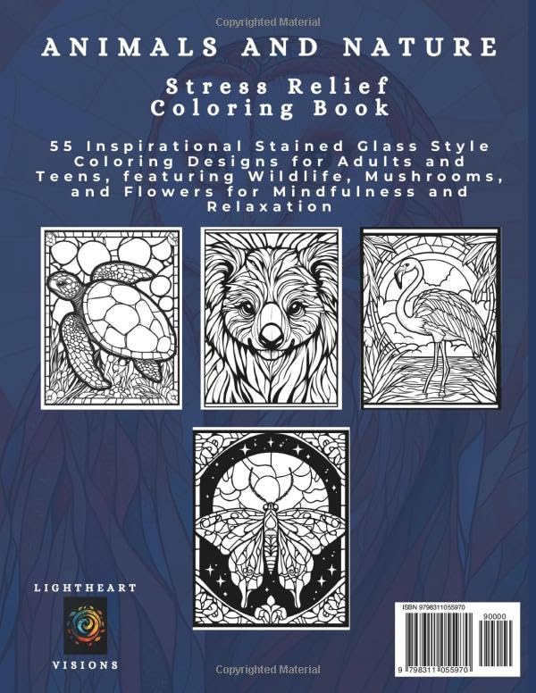 Animals and Nature Stress Relief Coloring Book: 55 Bold and Unique Stained Glass Designs for Adults and Teens, featuring Wildlife, Ocean life, Mushrooms, and Flowers for Mindfulness and Relaxation - Image 2