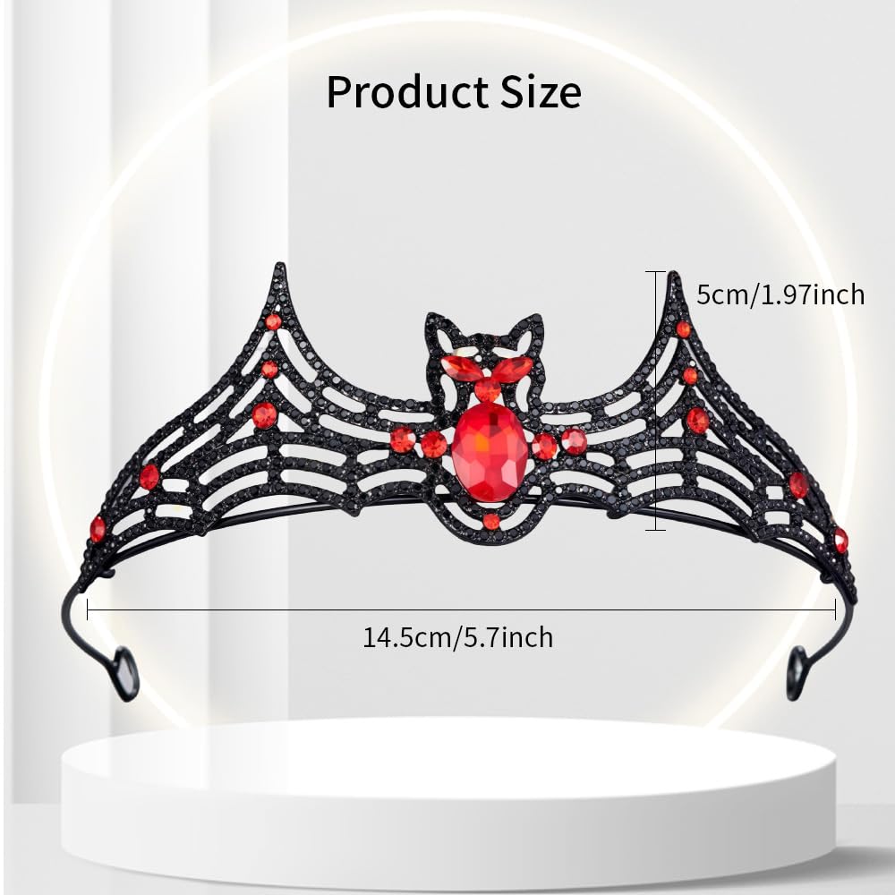 Halloween Tiara Bat Shape Crown Women Crystal Crown Gothic King Queen Tiara Vintage Black Rhinestone Tiara Headband Girl Princess Hair Accessories for Party Headpiece Halloween Costume (Red) - Image 3
