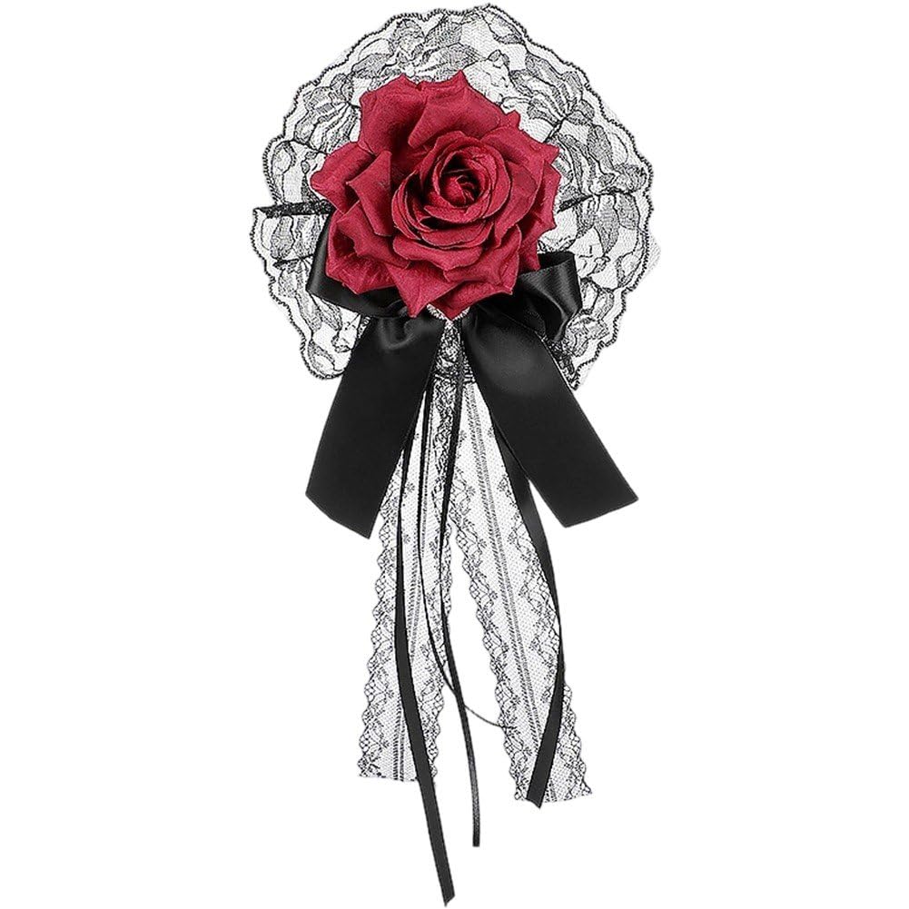Sofezdo Steampunk Gothic Black and Red Rose Lace Ribbon Lolita Hair Barrette Bowknot Side Clip Hair Accessory for Women