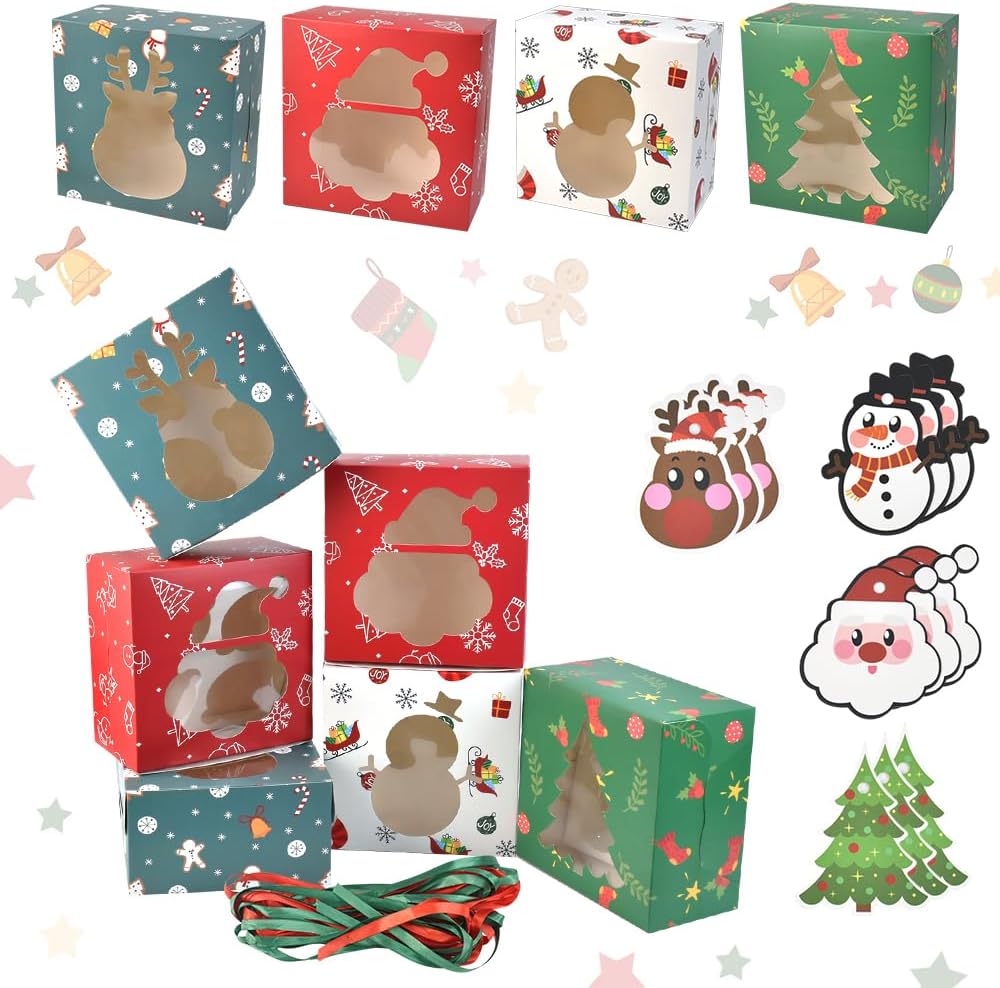 KARBAG12PCS Christmas Cupcake Boxes, Christmas Cake Boxes with Window 4 Hole Christmas Cookie Boxes with Packaging String & Tags Food Grade Bakery Boxes for Christmas Party Supplies Gift Giving