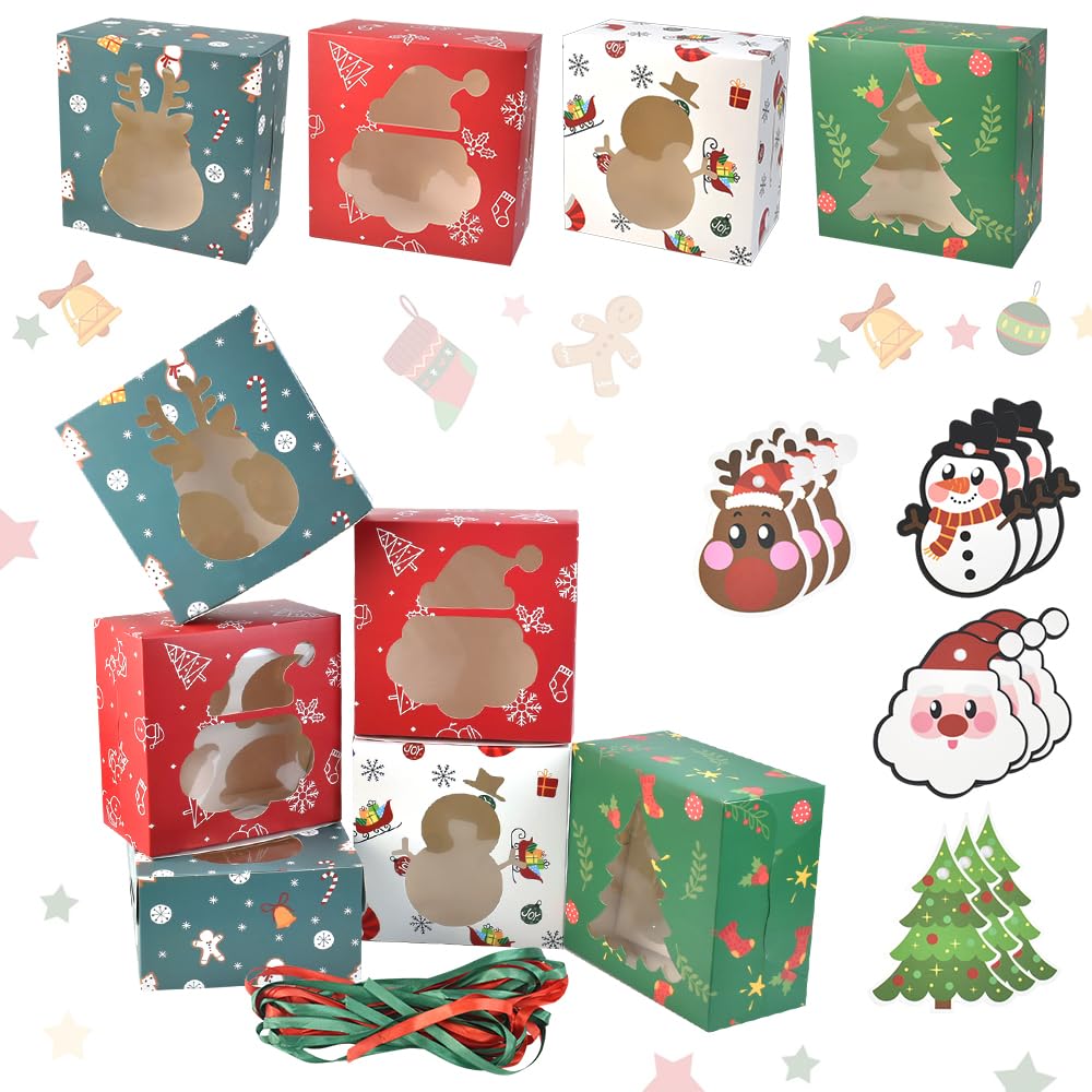 KARBAG12PCS Christmas Cupcake Boxes, Christmas Cake Boxes with Window 4 Hole Christmas Cookie Boxes with Packaging String & Tags Food Grade Bakery Boxes for Christmas Party Supplies Gift Giving