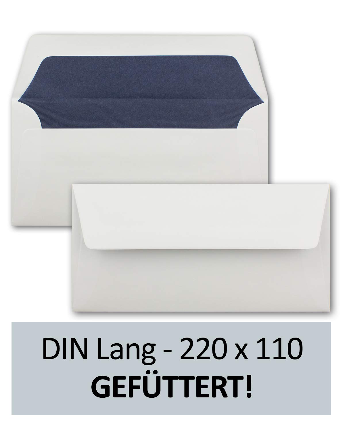 250 kopert na listy, długie DIN, wyłożone ciemnoniebieską bibułką, 22 x 11 cm, z klejeniem na mokro, prosta klapka, idealne na urodziny i Boże Narodzenie