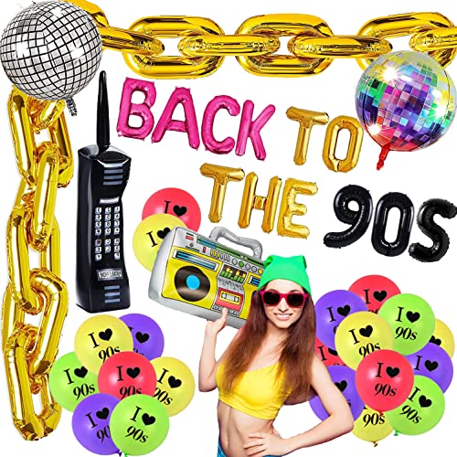 Jaren 90 feestdecoraties – 'Back to the 90S' banner/16 ballonnen/2 discobalballonnen/1 opblaasbare radio/1 opblaasbare mobiele telefoon-rekwisieten/1 gouden ballonketting voor hiphop-themafeest in