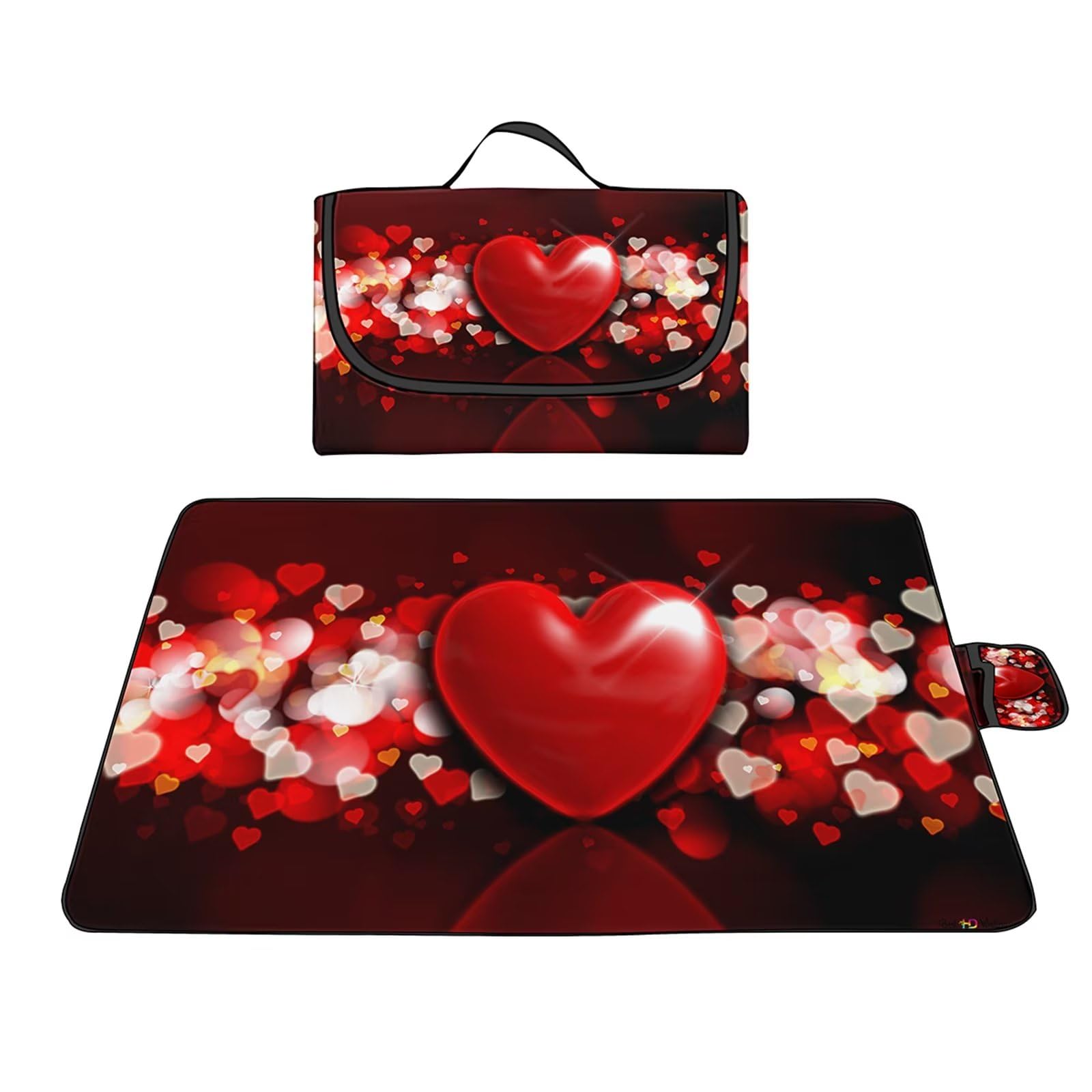 Couverture Pique-nique Imperméable 200x300cm,Couverture Plage Extérieure XXL Tapis de Plage,Coeur rouge Starlight Camping Couverture étanche Pique-nique avec Poignée pour Camping Randonnée Parc Plage