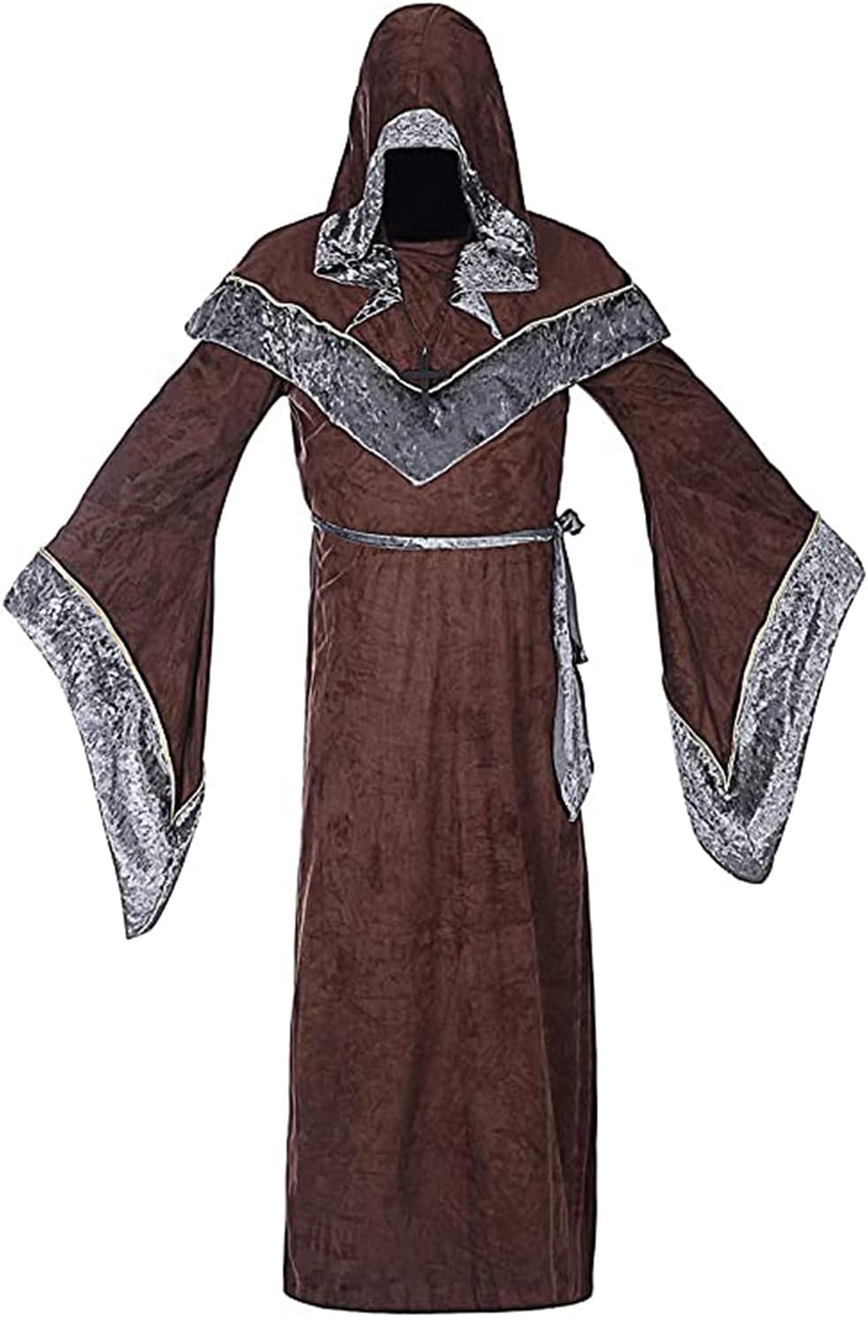 BITSEACOCO Mens Halloween Costume Hooded Sorcerer Robe, Medieval Vintage Renaissance Wizard Gown Cloak Cape