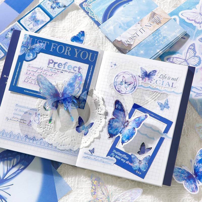 Image of GDNK Scrape Book Kit Scrapbooking Kit Vintage Journal Scrapbook Pack DIY Paper Stickers, Craft Kits Notebook, Collage Album Aesthetic Sticker Journaling Scrapbook Photo Album (Blue Butterfly)