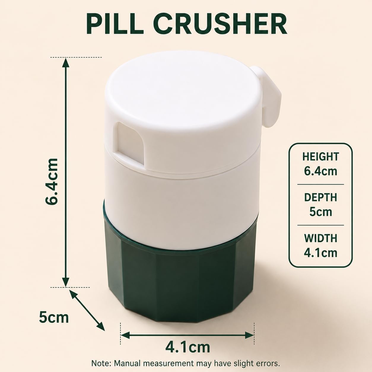 Pill Crusher for Small and Large Pills, Manual Tablet Grinder with Storage Compartment, Portable Medicine Crusher for Seniors, Adults and Children, Easy Twist Design, Green