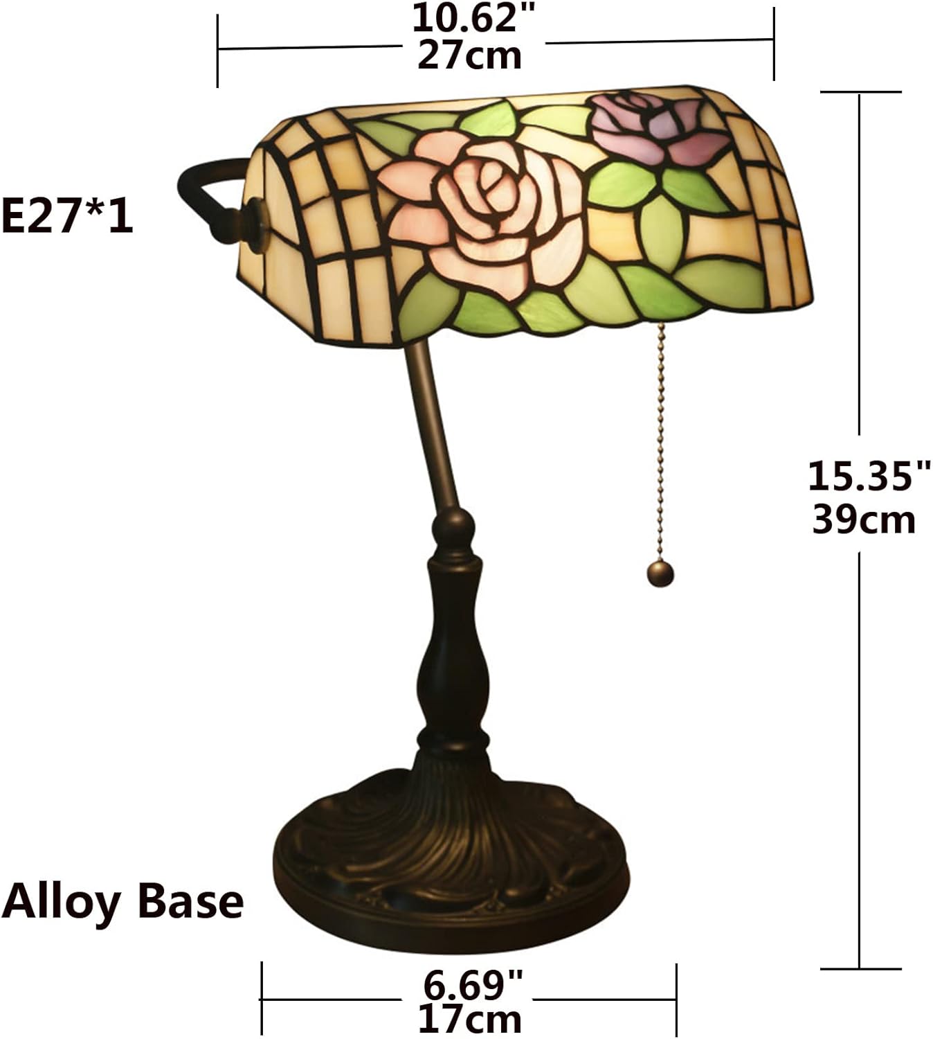 Bankers Lamp Tiffany Style Table Lamp Stained Glass Beside Desk Lamp with Warm Yellow Glass Shade and Antique Zinc Base for Living Room,B