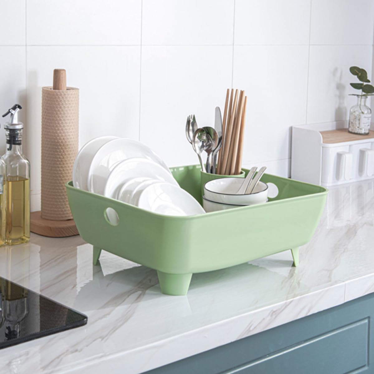 Bowl and Chopsticks Storage Rack with Lid, Mini Draining Dish Rack for Kitchen Cupboard, Green Tableware Holder for Household Organization and Drying