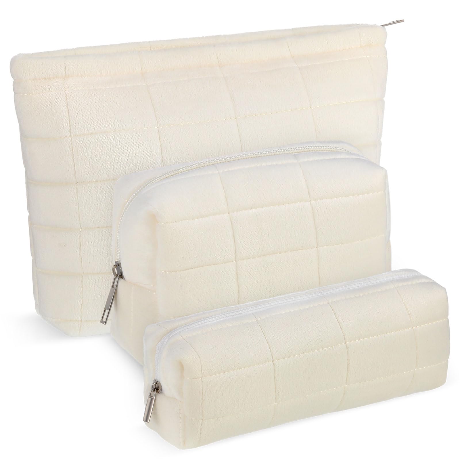 3 Pcs Puffy Makeup Bag Set Quilted Plush Emergency Pouch for Women Cute Checkered Travel Toiletry Bag Puffer Aesthetic Makeup Organizer Cosmetic Purse Pouch Preppy Pencil Case (White)