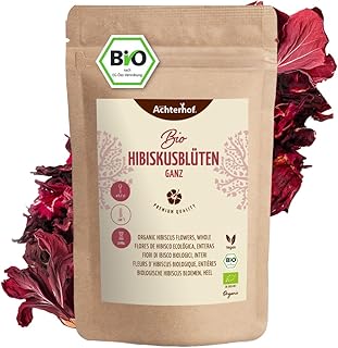 Hibiskusblüten Bio ganz getrocknet 250g | leicht säuerlich-fruchtiger Geschmack | in Bio-Qualität | süß-aromatischer Hibiskustee | ideal für Salate, Desserts, Kuchen, Joguhrts | vom Achterhof