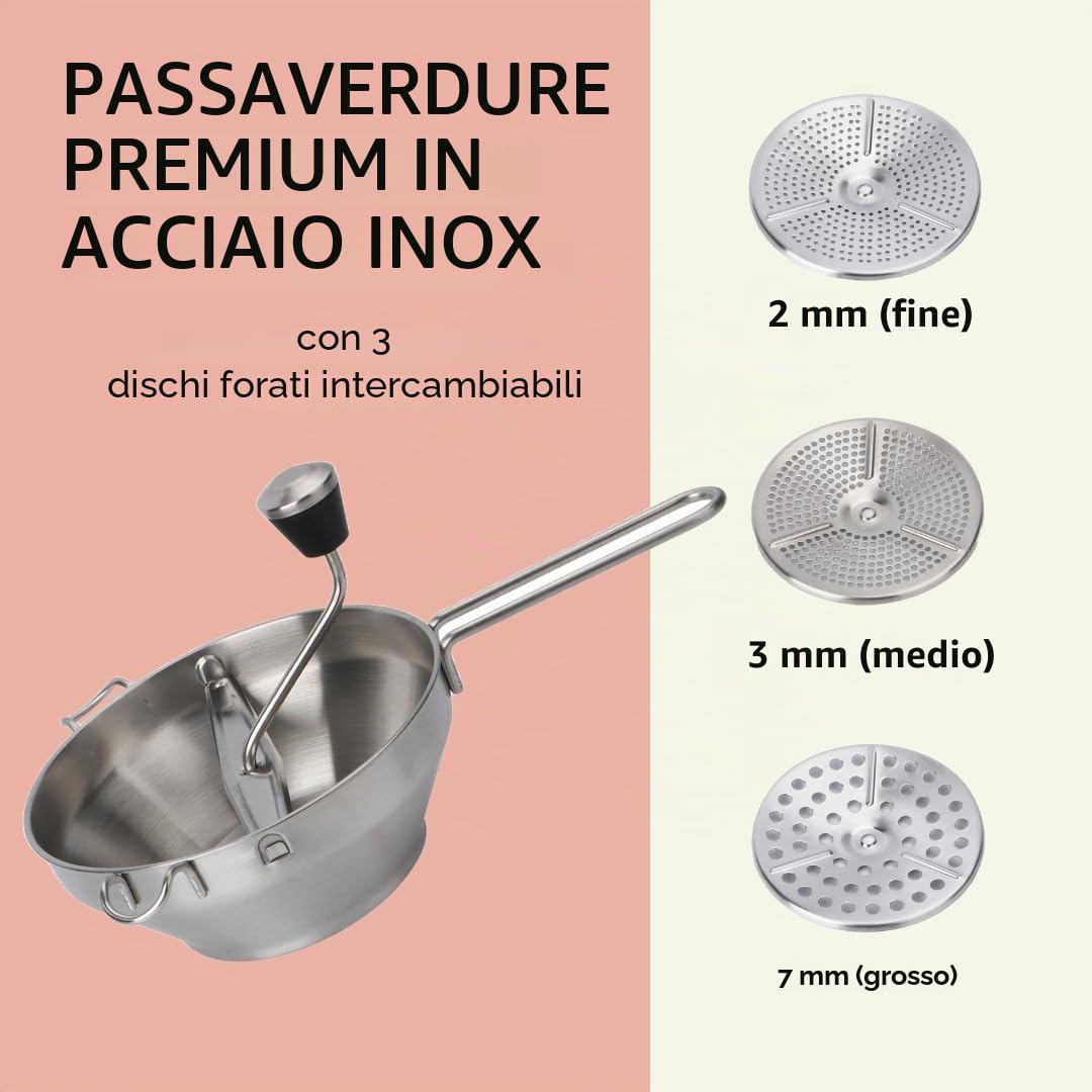 Wenburg Facile da usare Passaverdure Manuale Acciaio Inox - Versatile Passatutto Acciaio Inox con 3 Setaccio - Lavabile in Lavastoviglie - Passaverdura per Filtrare Frutta e Verdura (19,5 cm)