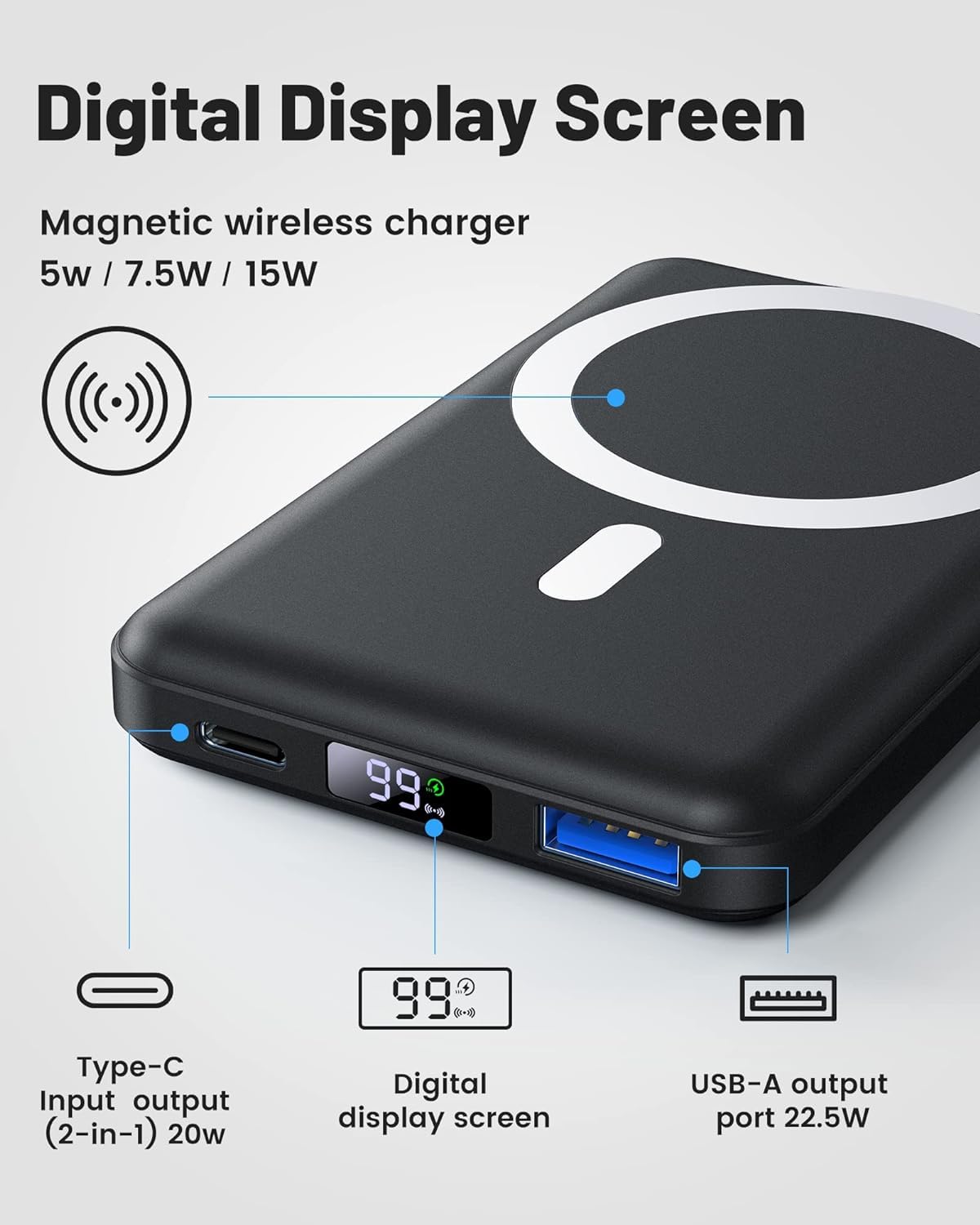 Yiisonger per Mag-safe Powerbank, 10000mAh Caricabatterie Portatile Magnetico Wireless PD 22.5W Ricarica Rapida USB QC3.0 Display LED Batteria Magnetico per iPhone 12/13/14/15/16/Pro/Plus/Max(Nero)