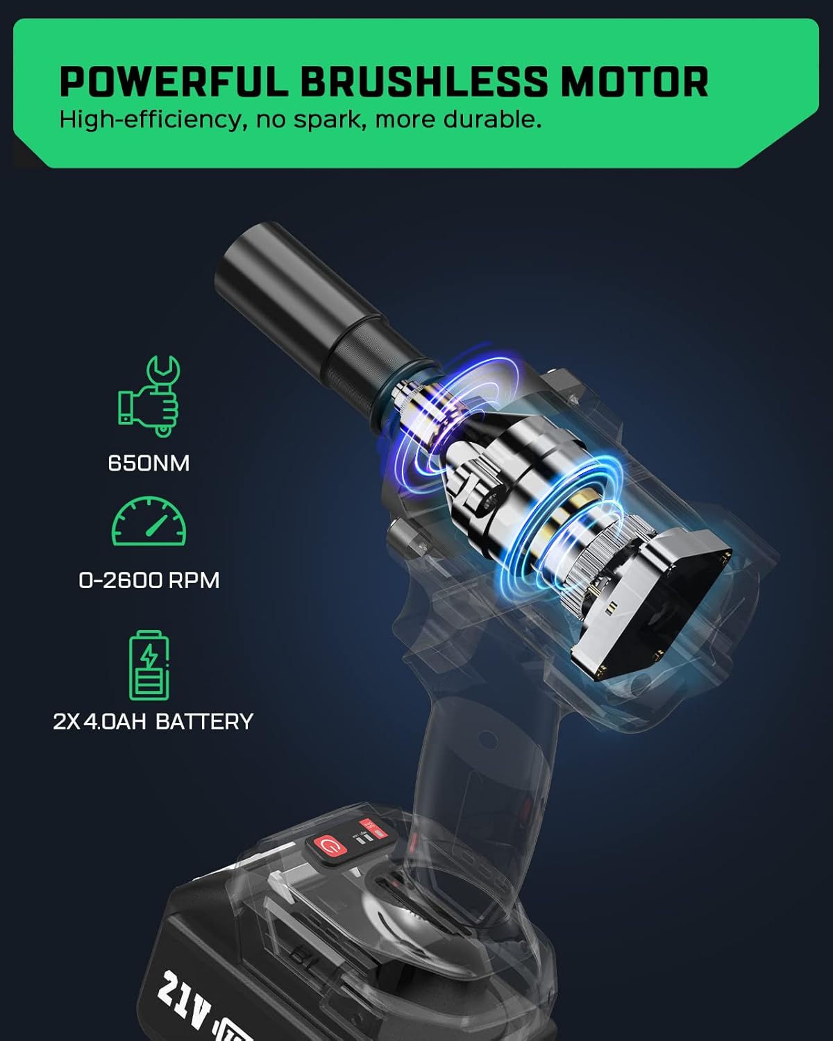 Avhrit Impact Wrench with 2Pcs Batteries, 650Nm/479ft-lbs 1/2, Cordles,s Compact , Brushless, Impact Driver Kit for Car Tires Home - - 