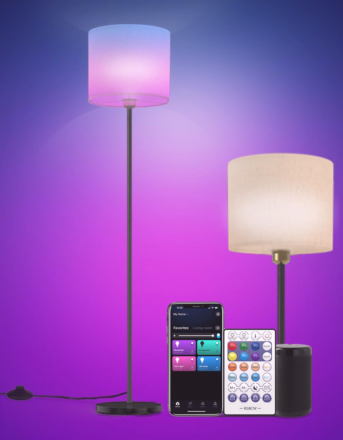 YHW Floor lamp for Living Room Works with Alexa & Google, White Linen Lamp Shade LED Bright Tall Standing Smart Floor Lamp with Remote for Bedroom