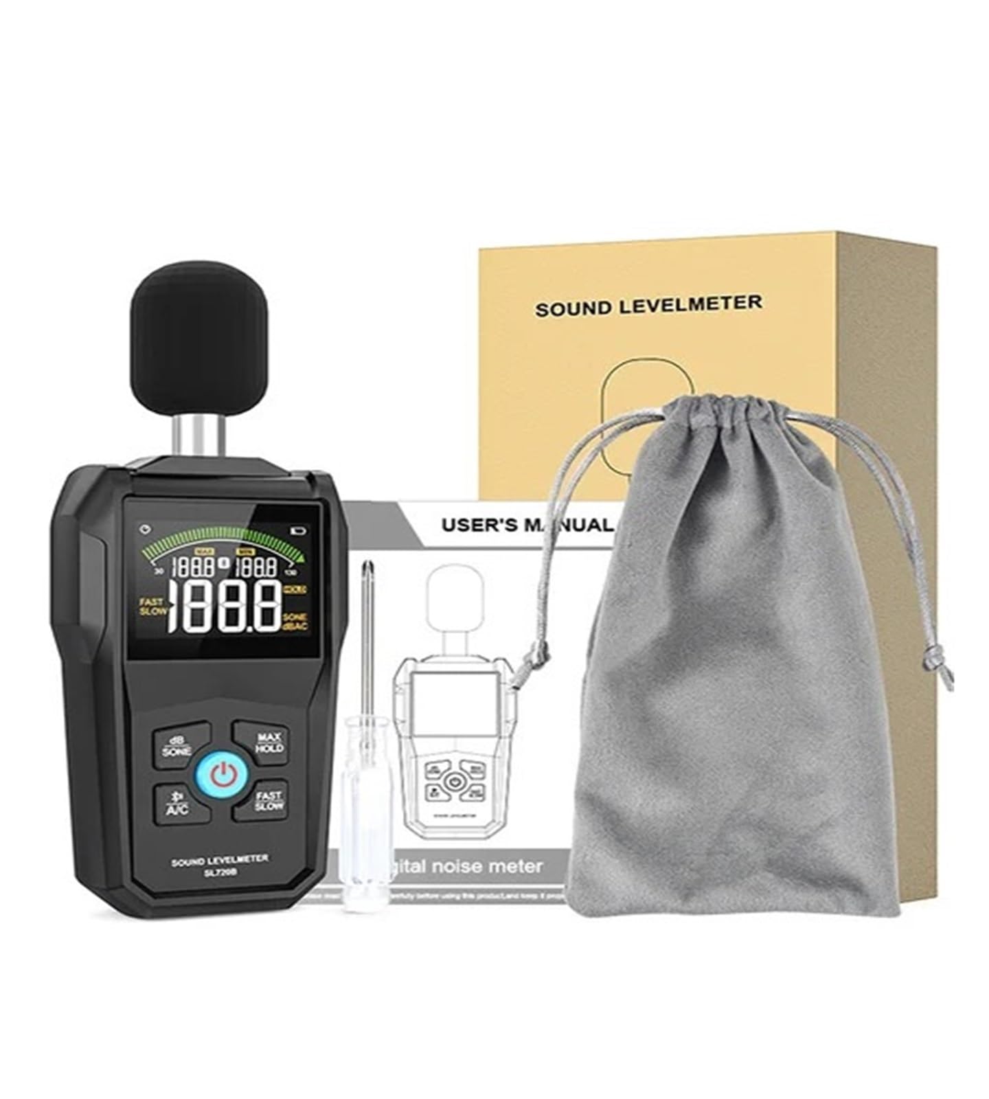 30–130 dB Geräuschpegelmesser-Display, Farb-Hintergrundbeleuchtung, schnelle und langsame Abtastrate, Kondensatormikrofon, Schallpegelmonitor