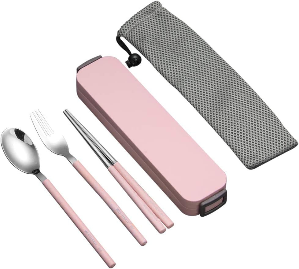 YBOBK HOME Portable Flatware Set with Case Stainless Steel Chopsticks Fork and Spoon Reusable Flatware Set Dishwasher Safe Utensils with Colored Handle for To Go Anywhere (Pink)