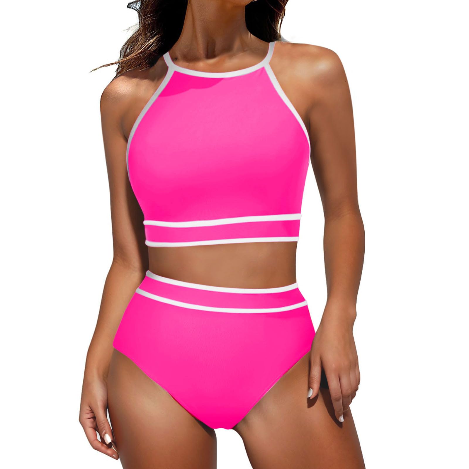 Bathing Suit for Women 2 Piece Tummy Control High Neck Racerback Top Triangle Colorblock Bikini Sets Sporty Swimsuits