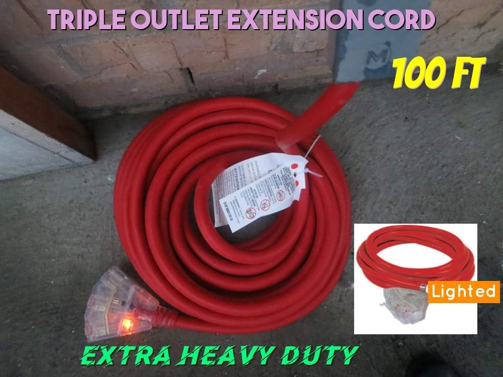 Rеvіеw Prоduсt 10 Gauge Triple Tap Extension Cord with Lighted Ends Contractor Grade 100' 10 Gauge Power Extension Cord 10/3 Plug Heavy Duty Indoor Outdoor Triple Outlet (100 ft 10 AWG 100% Copper, red) Uр Tо 40% оƒƒ 10 Gauge Triple Tap Extension Cord with Lighted Ends Contractor Grade 100' 10 Gauge Power Extension Cord 10/3 Plug Heavy Duty Indoor Outdoor Triple Outlet (100 ft 10 AWG 100% Copper, red)