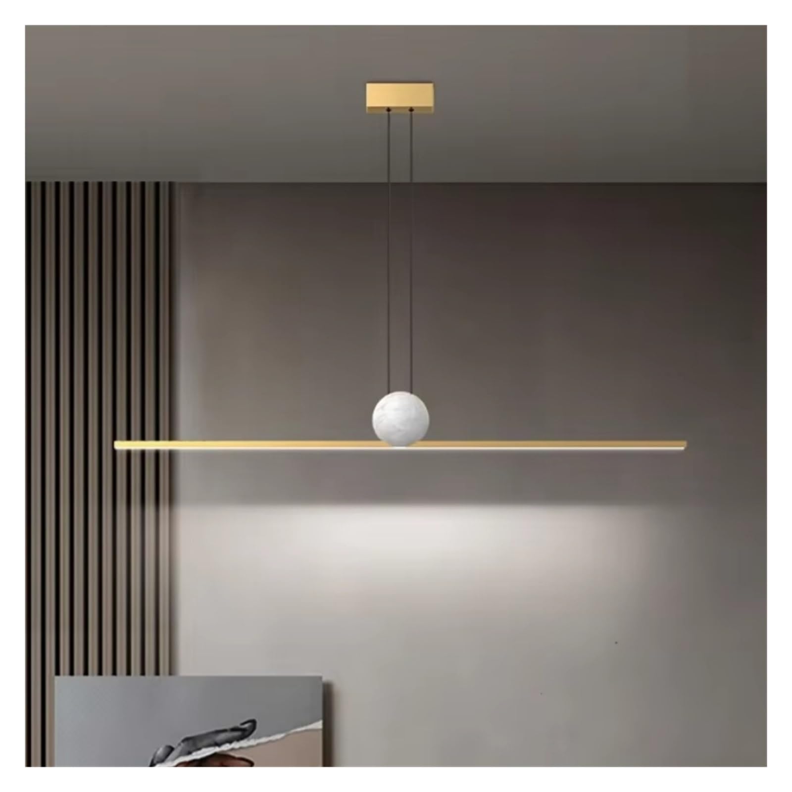 Olskfuh Gold Minimalist All Copper Light Luxury Long Strip Restaurant Pendant Lamp Nordic Modern Minimalist Marble Pendant Light,-L100cm