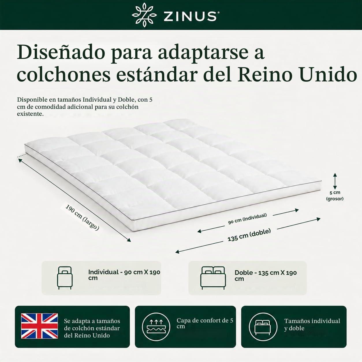 Zinus Cubrecolchón, poliéster, 90 x 190 cm