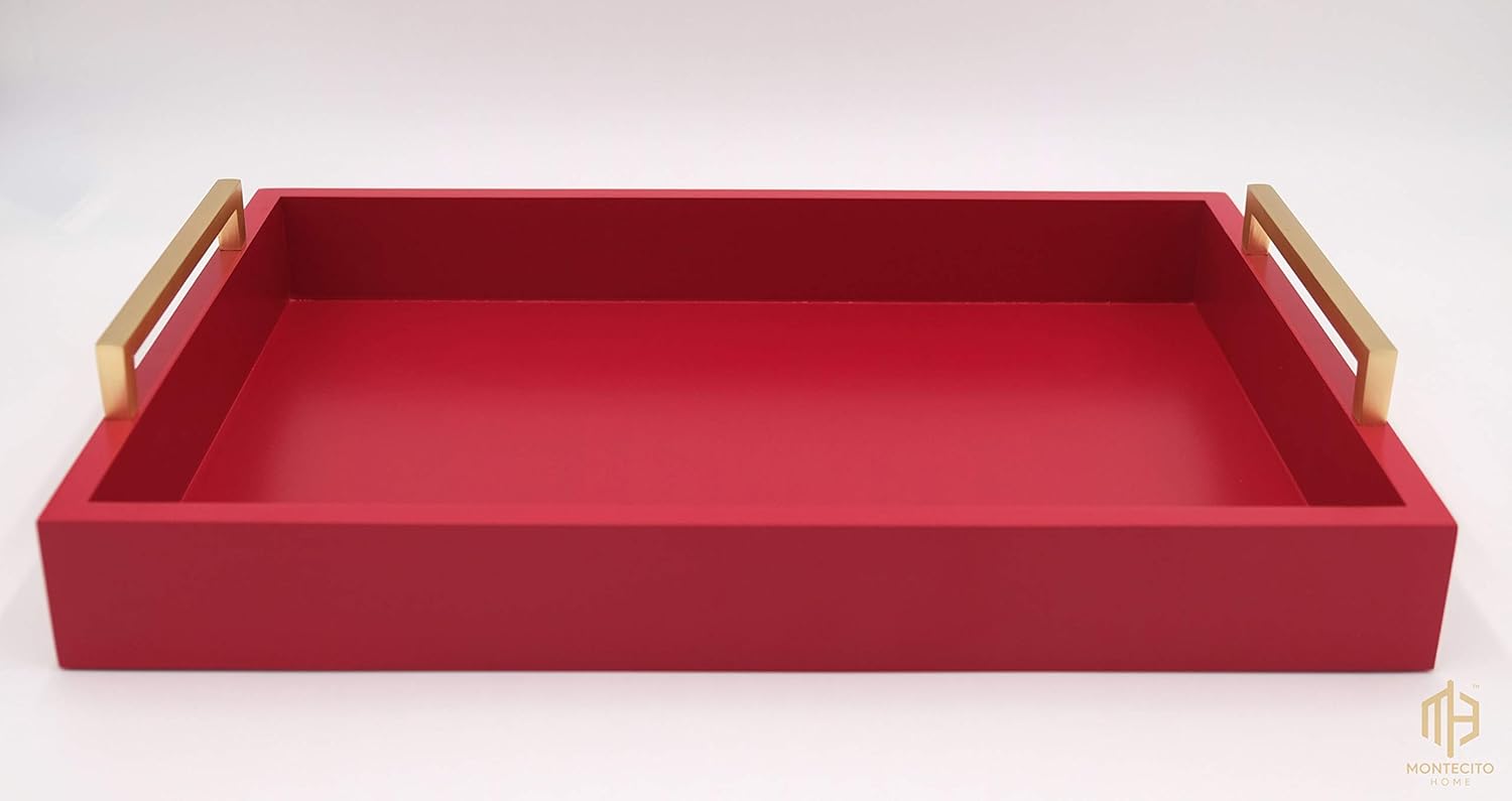 Montecito Home Decorative Coffee Table Tray - Ottoman Tray - Breakfast, Drinks, Liquor Serving Tray - from Farmhouse to Modern - Matte Finish - Champagne Gold Handles - Crimson Red : Home & Kitchen