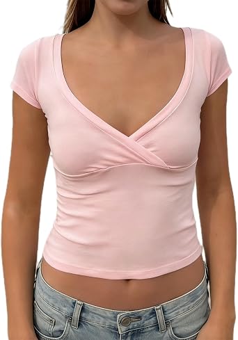 Women Y2K Crop Tops Deep V Neck Cap Sleeve Slim Fit Vintage Solid Color Fairy Grunge Going Out Tank Tops Streetwear