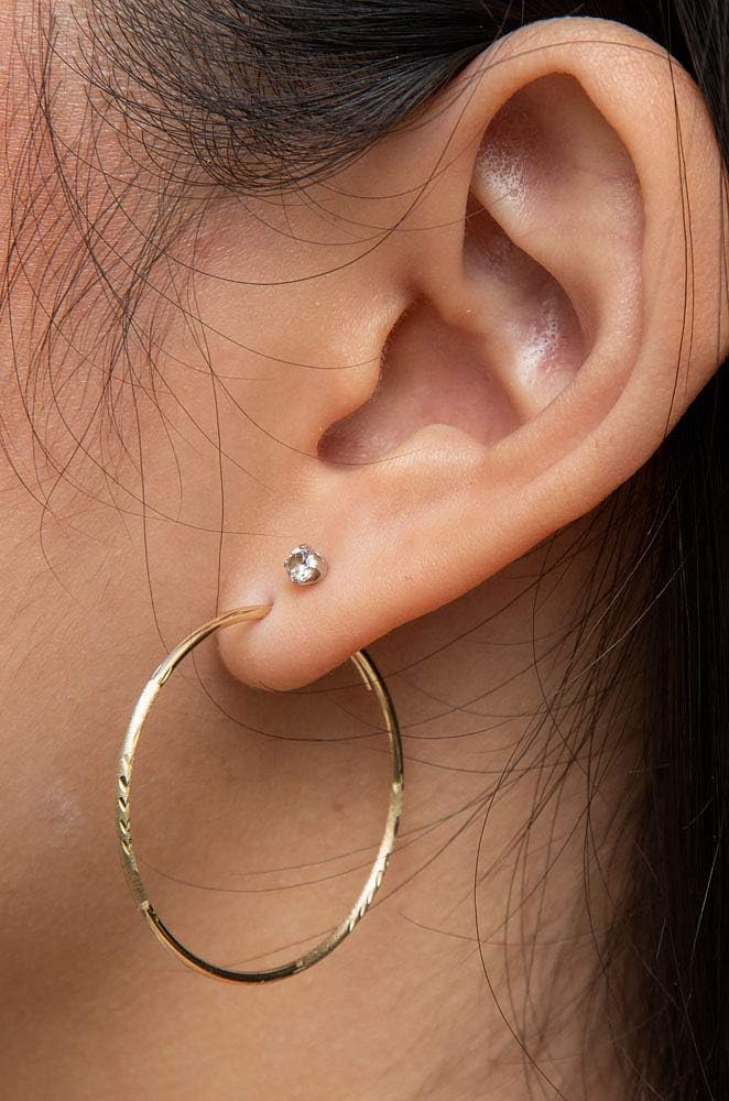 14K Gold Diamond Cut Round Endless Hoop Earrings, 1.25mm Thick Tube