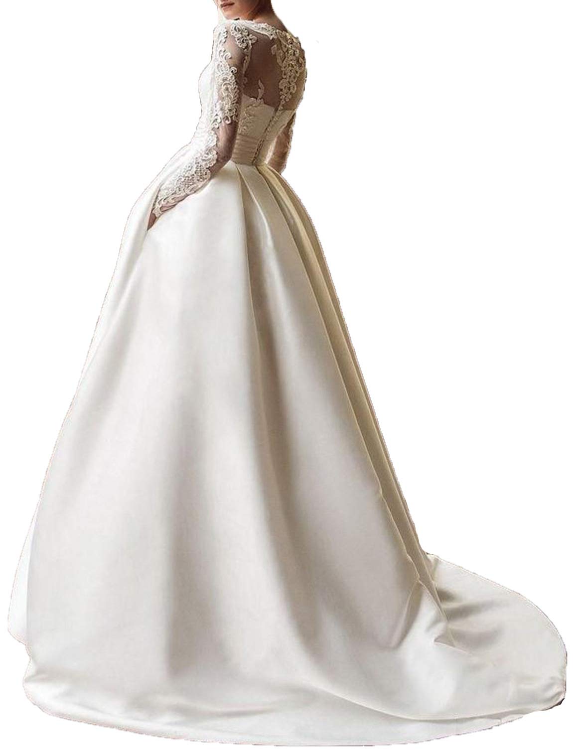 OLOEY BeautBoy Women's Long Sleeves Satin Wedding Dresses Lace Appliques Bridal Evening Gowns W22 White 2