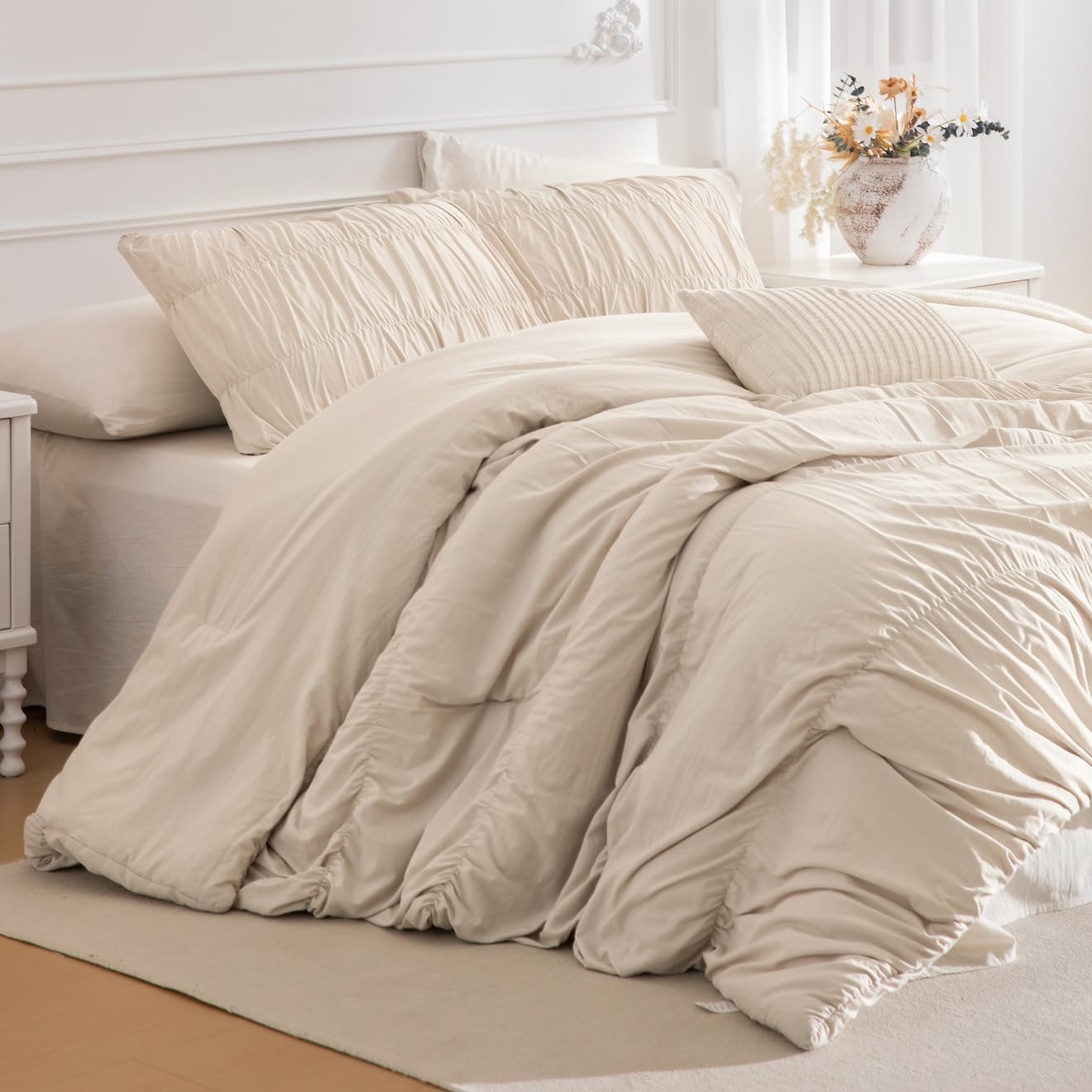 Lady Ann Oversized King Bed Comforter Set- Wheat Ruched Boho 120 x 120 Comforter Set for Bedroom, 3 Piece Fluffy Bedroom Set with Pillow Shams Soft All Season Bed Sets Oversized King (120"x120") Wheat