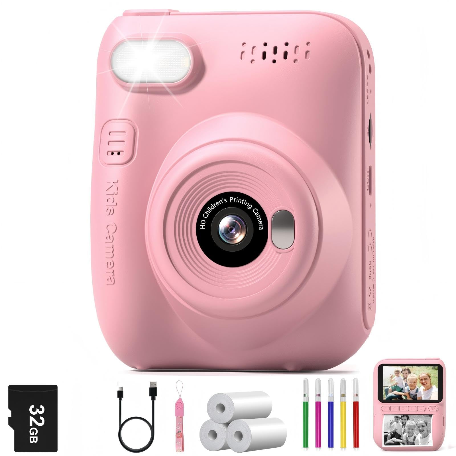 Kids Camera Instant Print,3.0 inch Instant Print Camera for Kids with 32GB Card, Christmas Birthday Gifts for Girls Boys Age 3-10,Gifts Toys for 3 4 5 6 7 8 9 10 Years Old-Pink