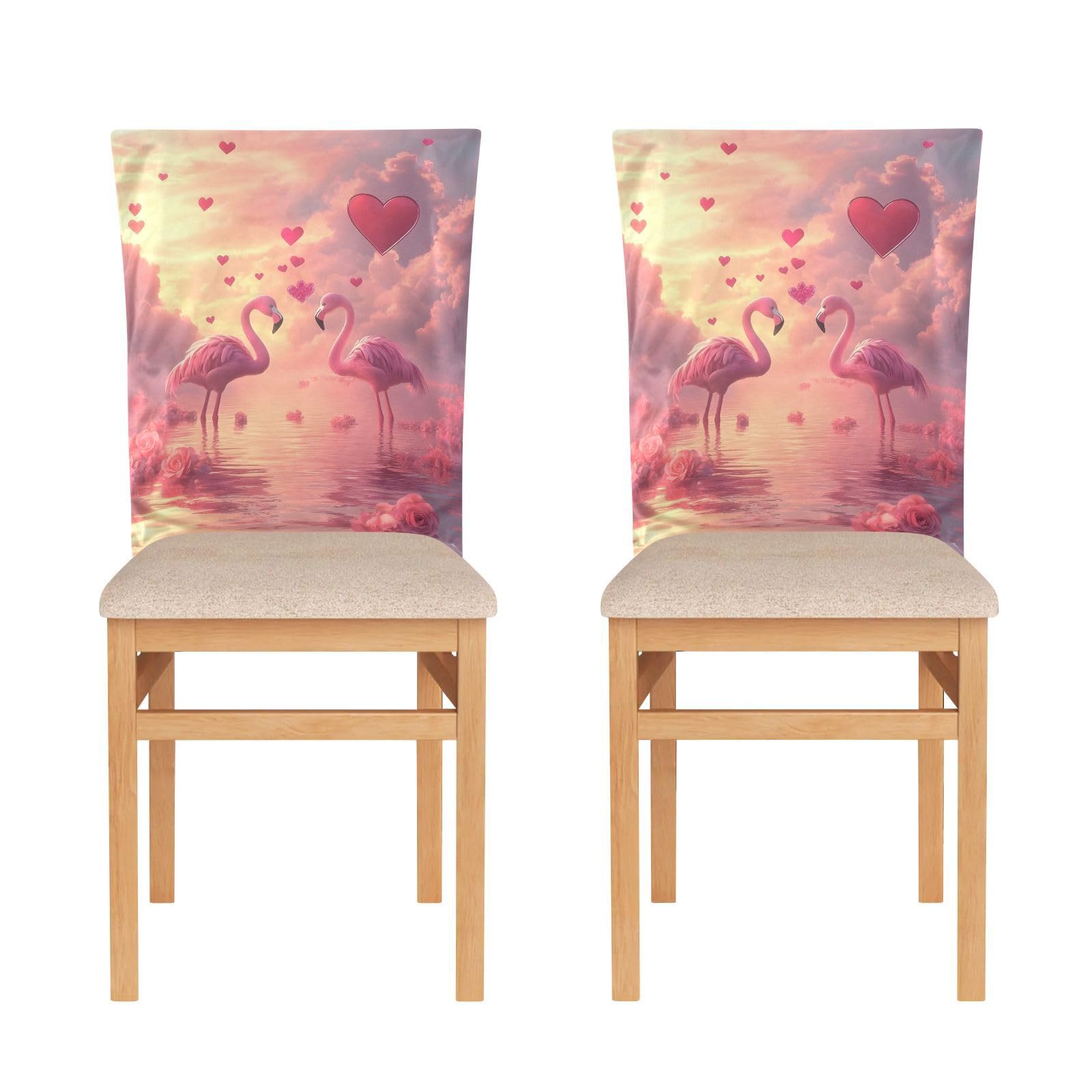 ODAWA Valentine Flamingo Pink Chair Back Covers Removable Strench Chair Protector Set of 6 Chair Back Cover for Christmas Dinning Room Decoration