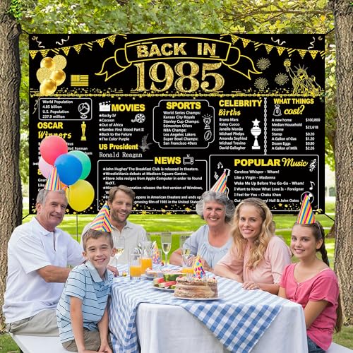 Image of DARUNAXY 41st Birthday Black Gold Party Decoration, Back in 1985 Banner 41 Year Old Birthday Party Poster Supplies Vintage 1985 Backdrop Photography Background for Men & Women 41st Class Reunion Decor