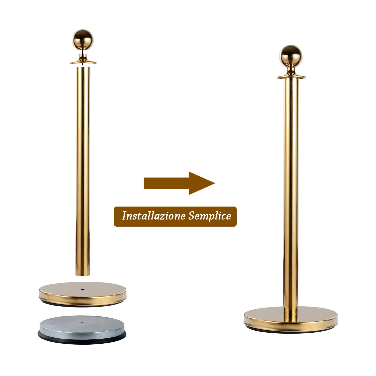Outsunny Transenne Elimina Separacode Paletti di Delimitazione con Corde Rosso Acciaio Inox Ф32 x 95CM Oro