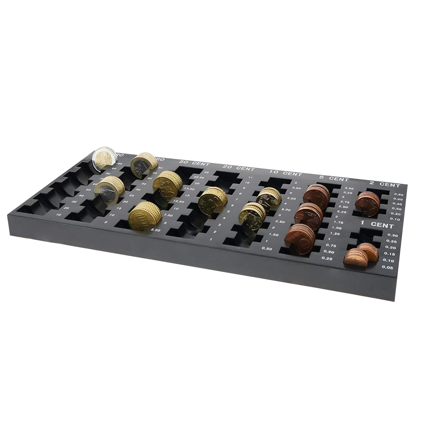 Clasificador de Monedas con 8 Compartimentos para Euros y Céntimos, Organizador Negro 33 x 18.5 x 2 cm