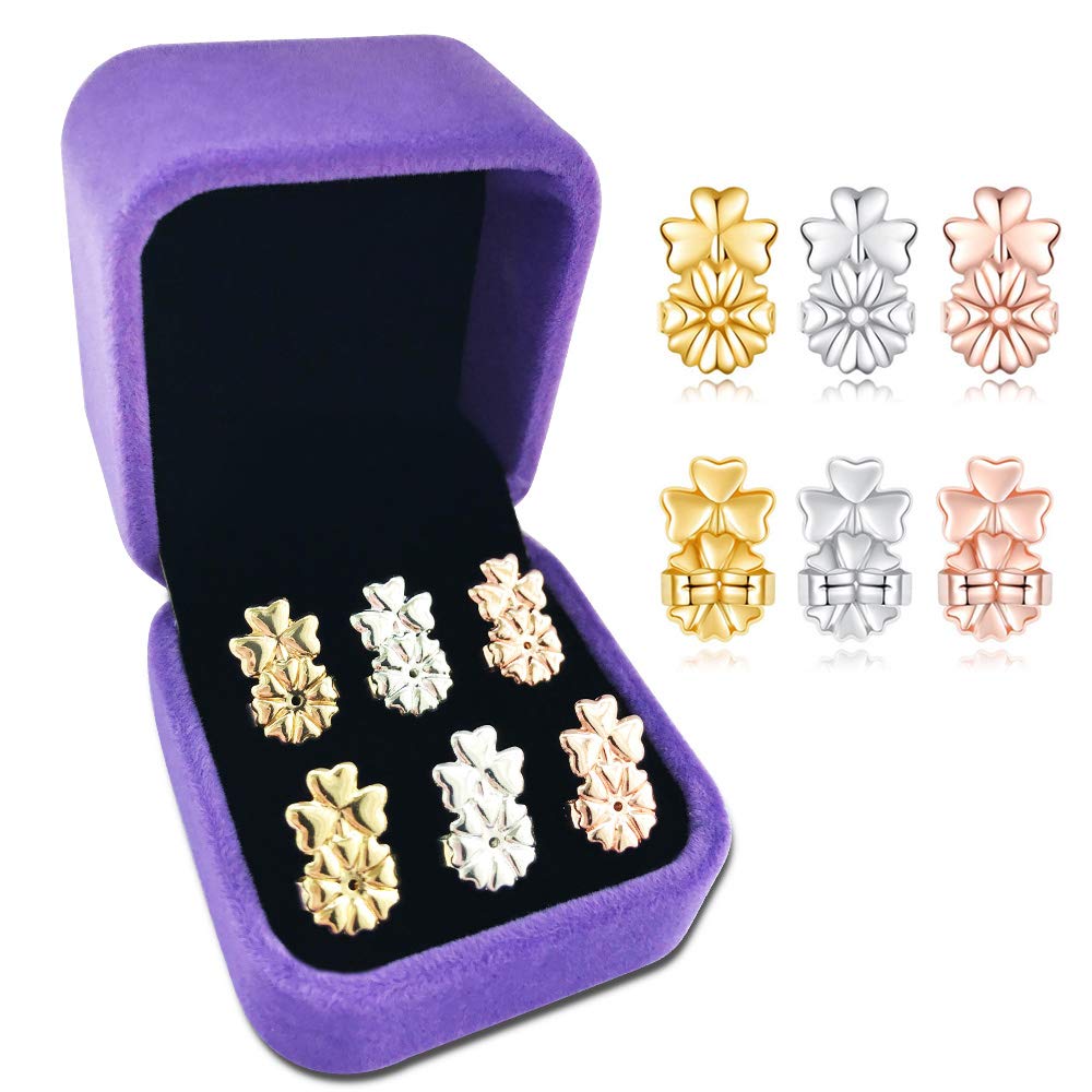 Earring Lifters,925 Sterling Silver Secure Backings,3 Pairs of Adjustable Hypoallergenic Earing Backs Lifts,Easy to Use Back Earrings for Women, Ear Lobe Support Most Posts(Clover)