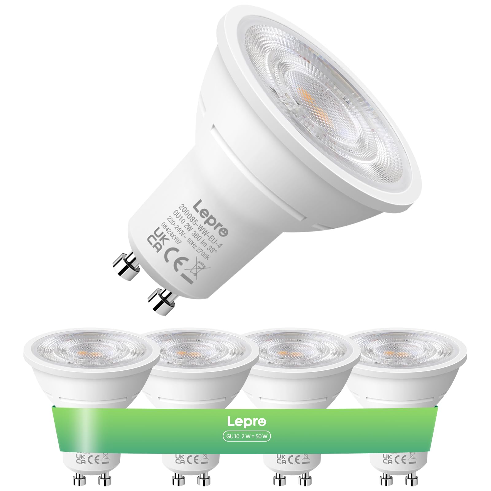 Lepro Energieklasse A GU10 LED Warmweiss, 2W 2700K Warmweiß 360 LM, Nicht Dimmbar Reflektorlampe, Energiesparendes GU 10 LED Leuchtmittel, 38° Abstrahlwinkel für Wohnzimmer, Küche, 4 Stück